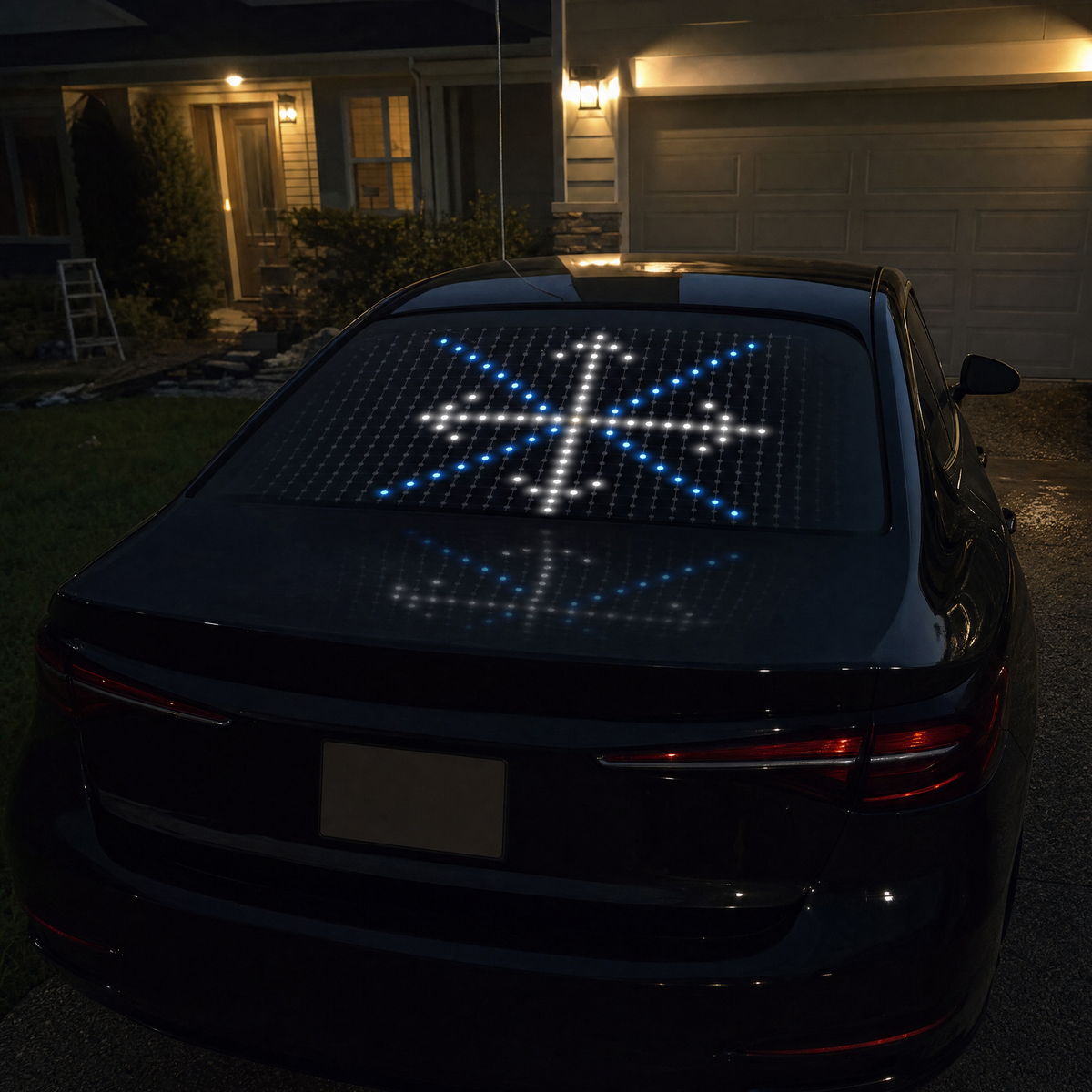 Lumerry LED curtain showing a pixel snowflake in a rear car window