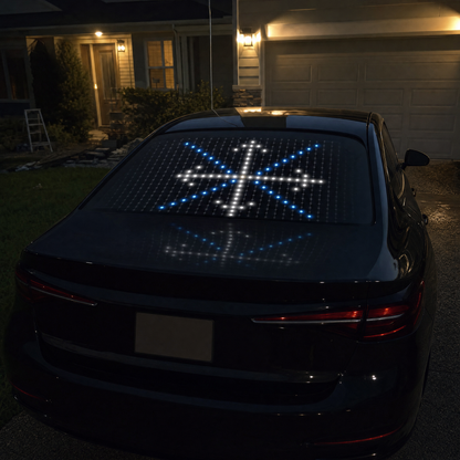 Lumerry LED curtain showing a pixel snowflake in a rear car window